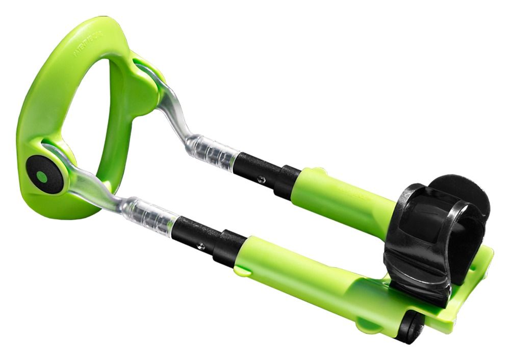 Extenseur de pénis vert avec des accents noirs et des cylindres transparents.