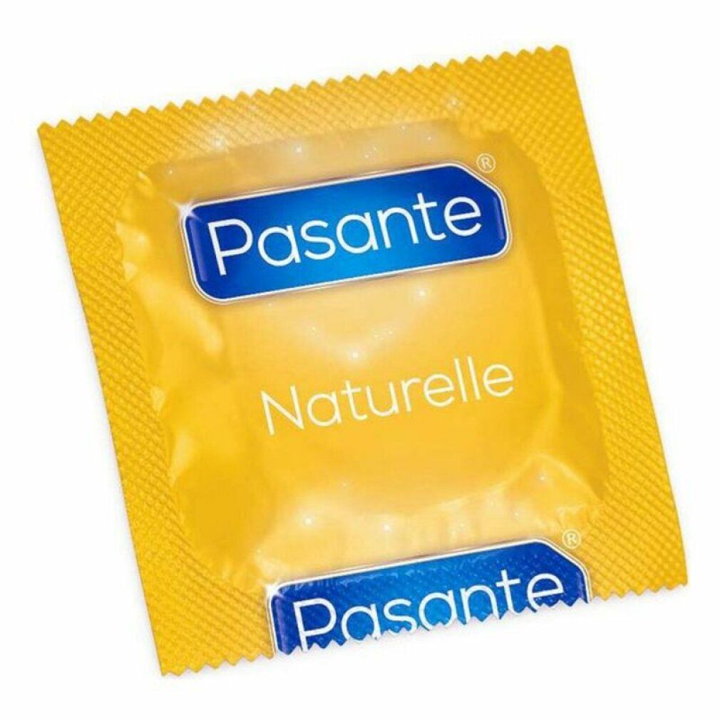 Préservatif Pasante Naturelle emballé en jaune. Logo bleu avec Pasante et Naturelle. Emballage individuel.