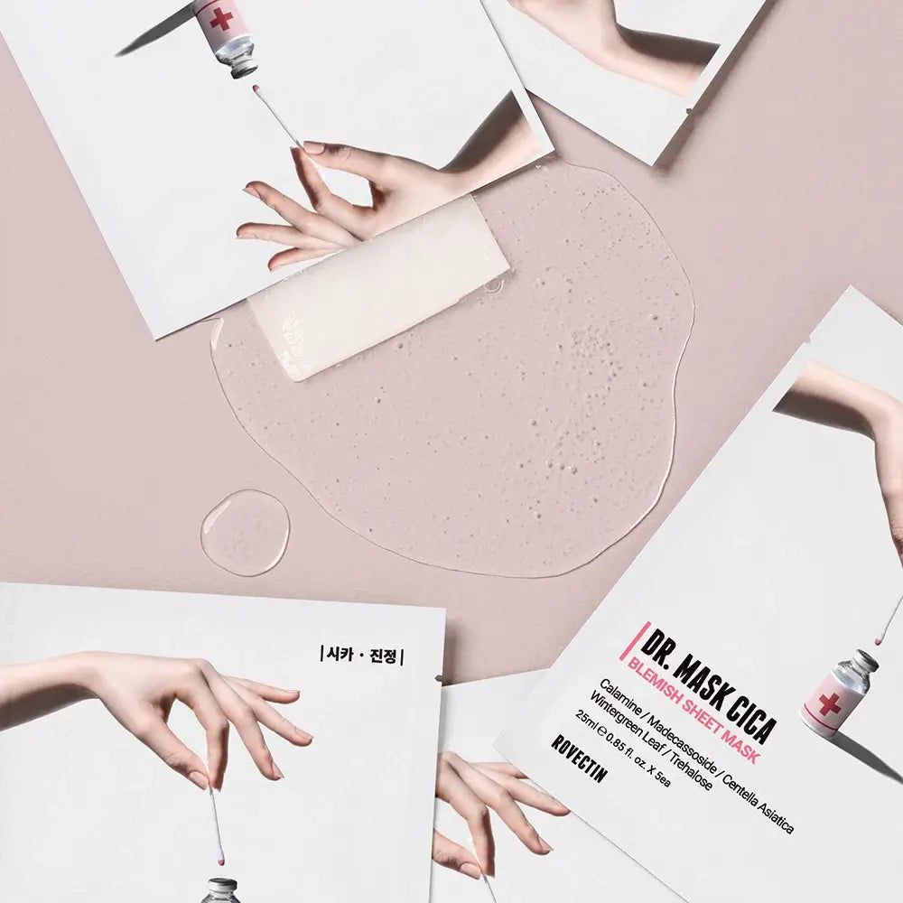 Plusieurs masques tissu anti-imperfections ROVECTIN DR. MASK CICA, une main tenant une pipette au-dessus d'une petite ampoule.