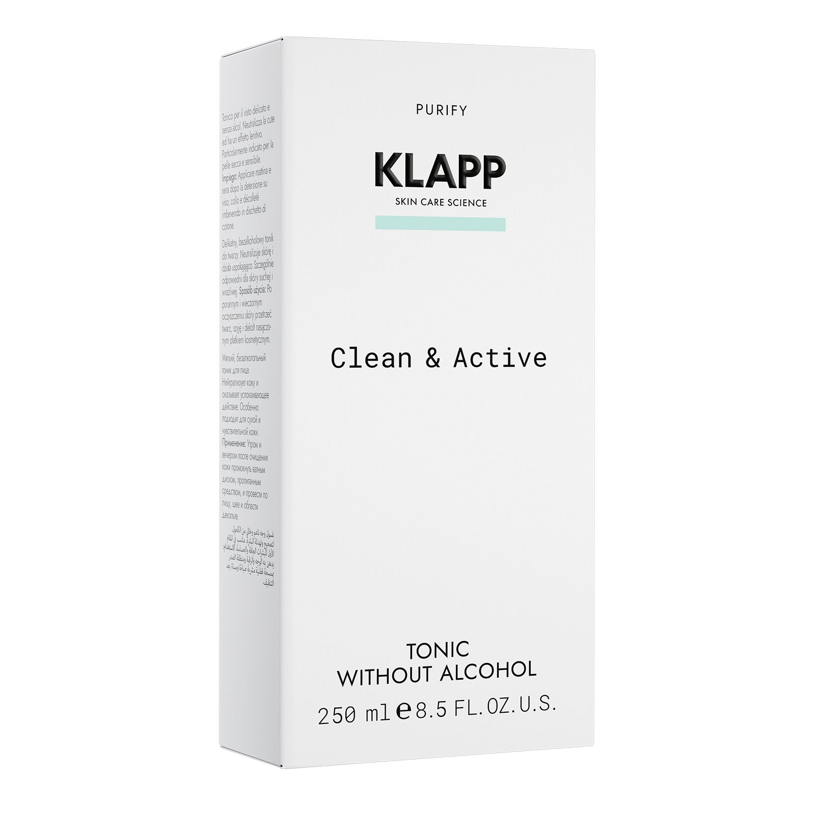 Witte verpakking met productinformatie. Boven: Klapp logo en tekst. Daaronder: Clean & Active. Onder: Tonic Without Alcohol, 250 ml.
