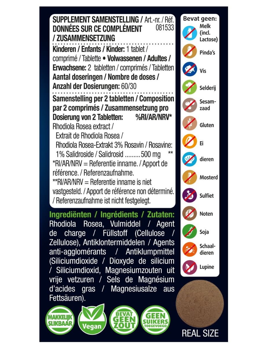 Dos de l'emballage. Texte : composition, ingrédients, allergènes, dosage, avertissements. Comprimé marron avec impression.