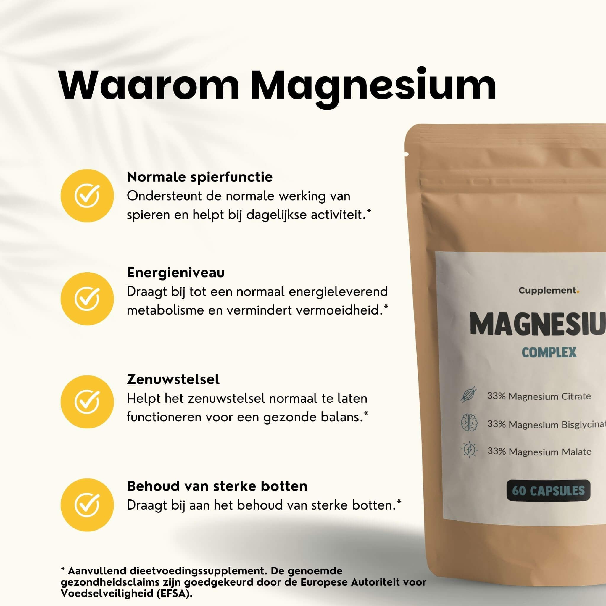 Klantbeoordelingen. Zakje met capsules. Tekst: Magnesium Complex. 60 capsules. Citaten van klanten.