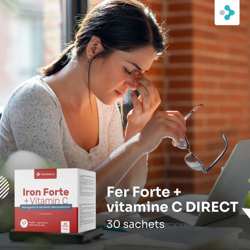 Femme avec des lunettes et un ordinateur portable. Emballage FutuNatura Fer Forte + Vitamine C.