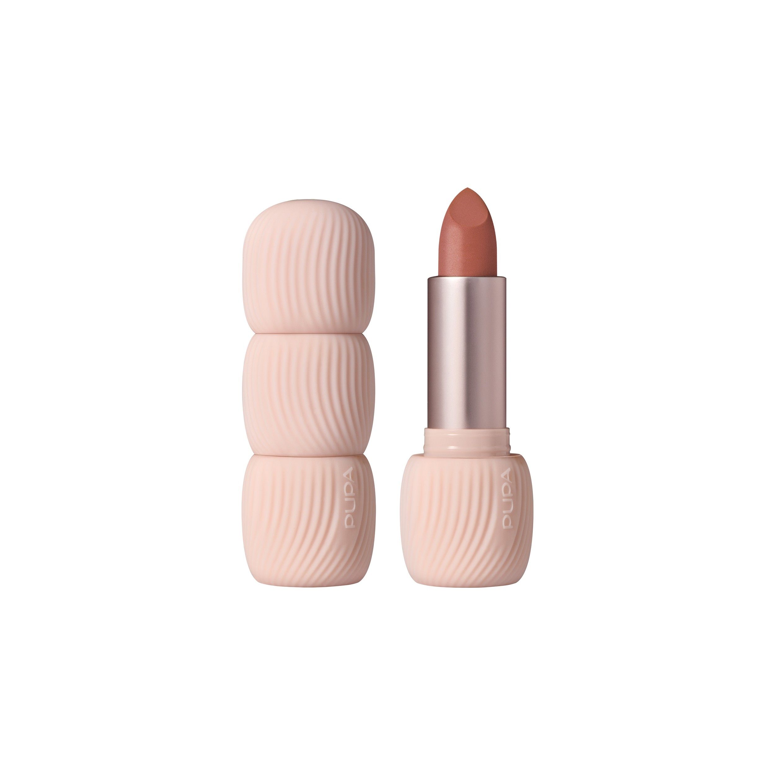 Een roze lippenstift met mat effect en een dop met geribbeld design. De lipstick is in een lichtbruine tint.