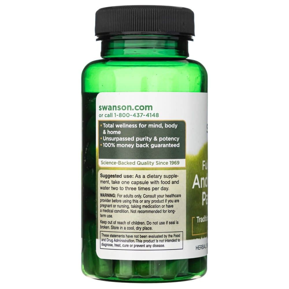 Arrière d'une gélule verte : SWANSON Andrographis Paniculata, avec site web, garantie de qualité et avertissements.