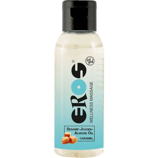 Fles met zwarte dop. Opschrift EROS, daaronder Wellness Massage. Etiket met afbeelding van karamel. Productnaam: Caramel.