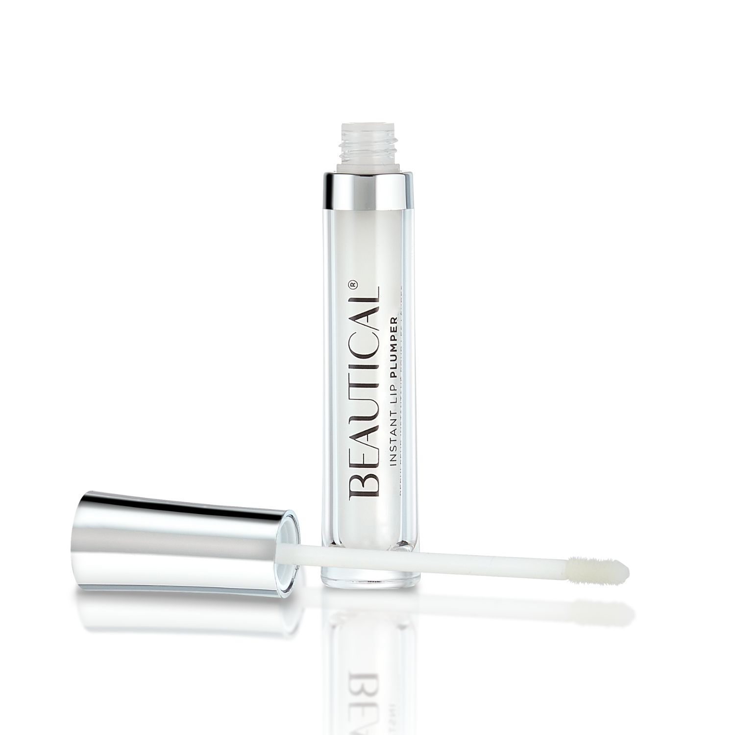 BEAUTICAL Instant Lip Plumper. Tube transparente avec bouchon argenté et applicateur. Produit à côté du bouchon.