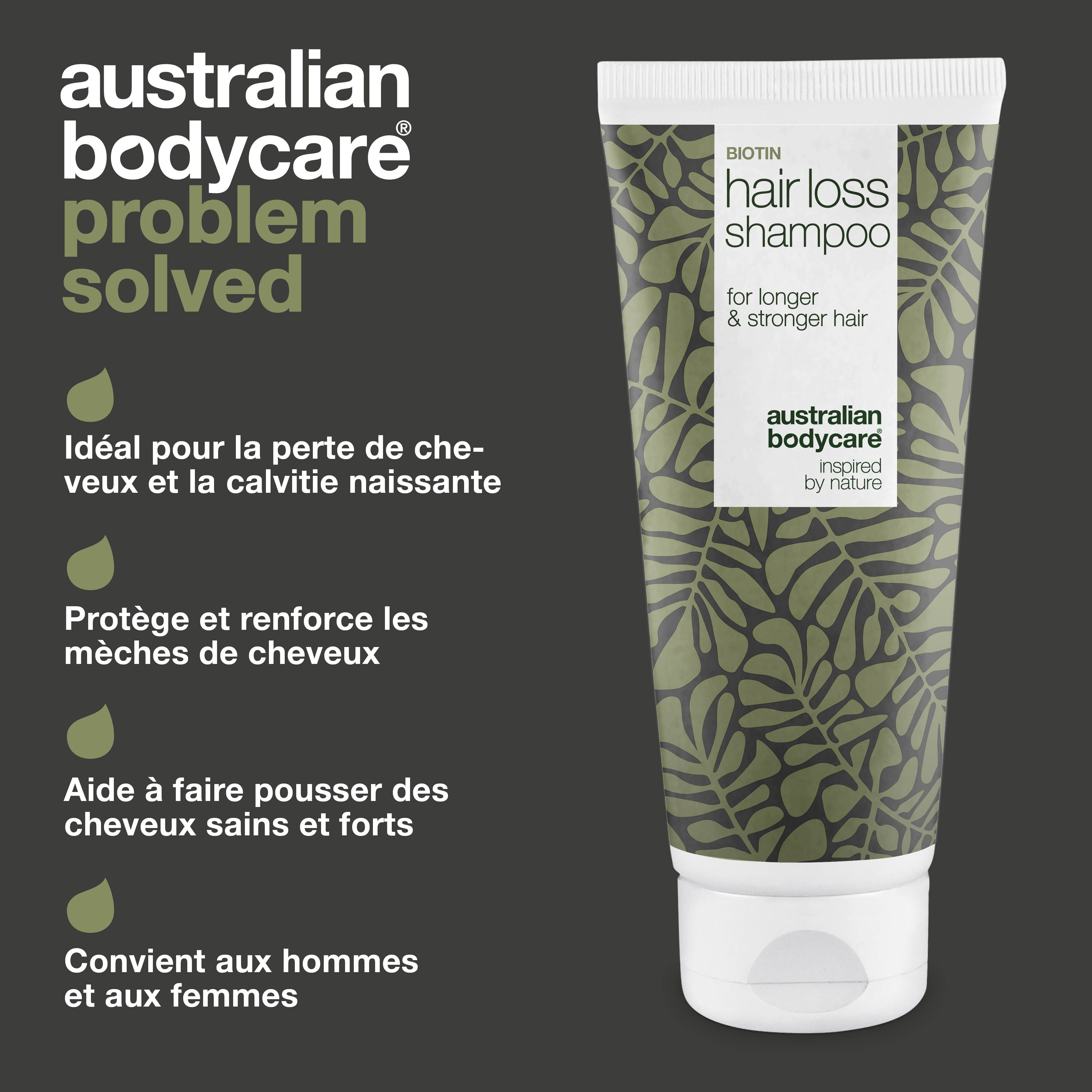Tube de shampooing Biotin Hair Loss. Design vert et blanc. Texte: Hair Loss Shampoo, Australian Bodycare.