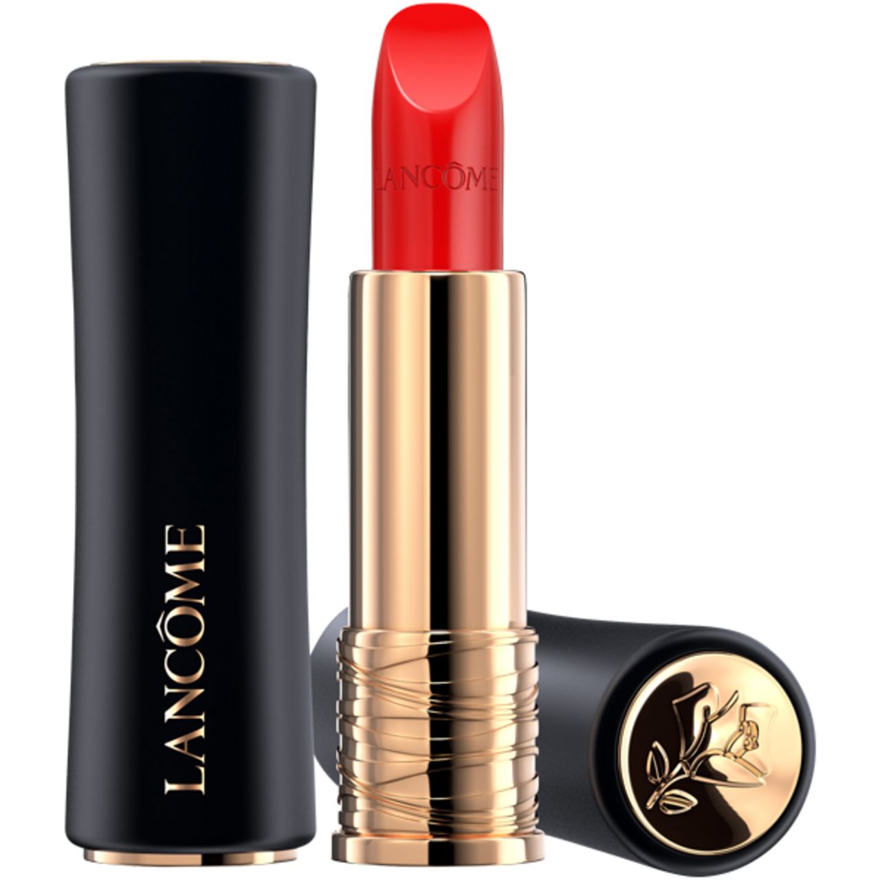 Rouge à lèvres rouge dans un étui noir et doré avec nom de marque visible.