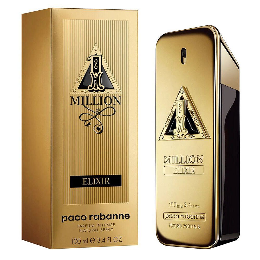 Flacon et boîte dorés. Inscription: Million Elixir, Paco Rabanne. 100 ml.