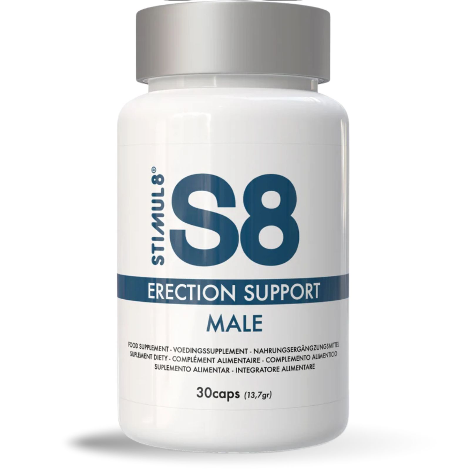 Witte fles met capsules. Opschrift: STIMUL8 S8 ERECTION SUPPORT MALE. Bevat 30 capsules.