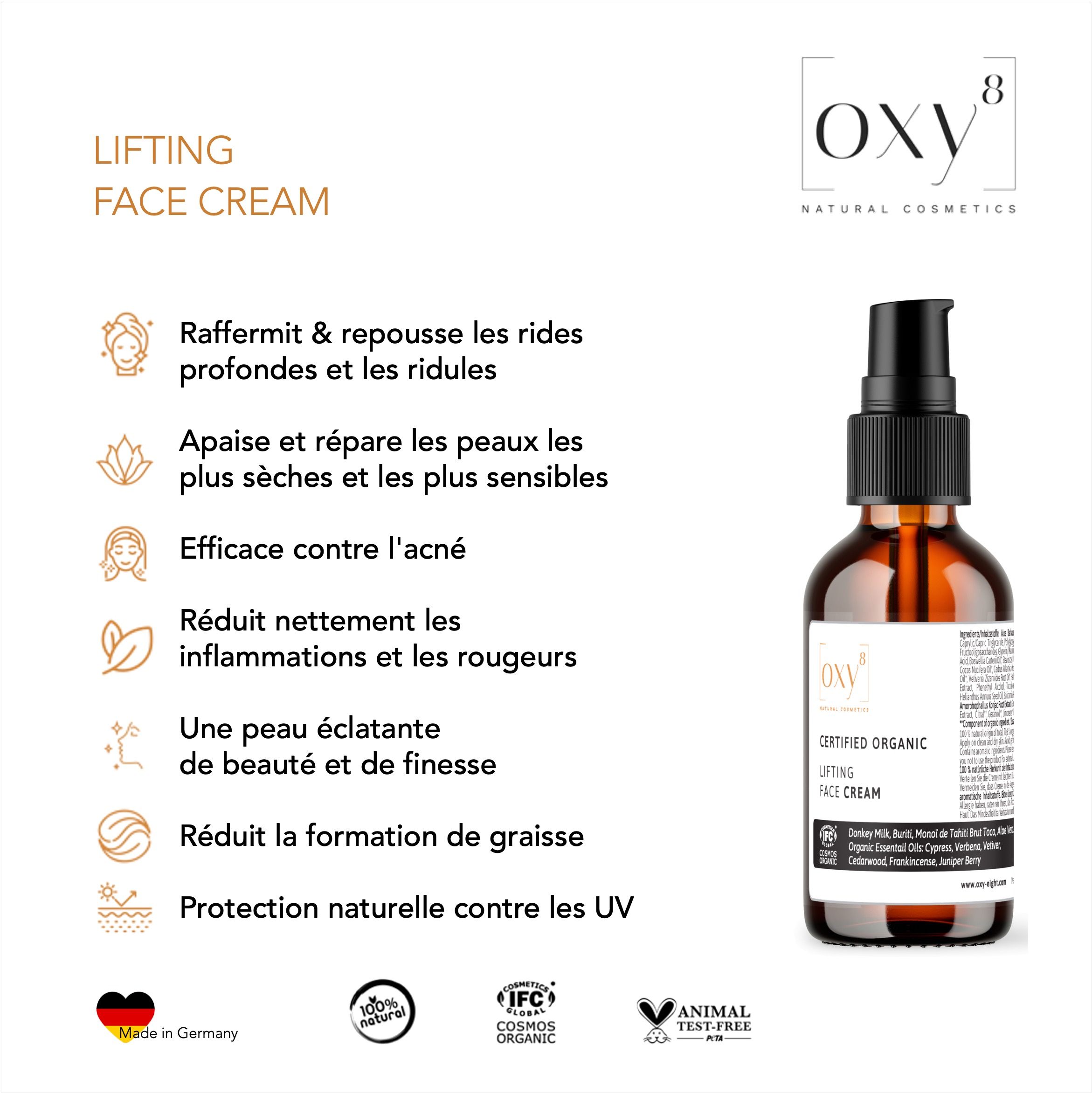 oxy8 Natural Cosmetics LIFTING FACE CREAM – Apaise les peaux les plus sensibles & les plus sèches