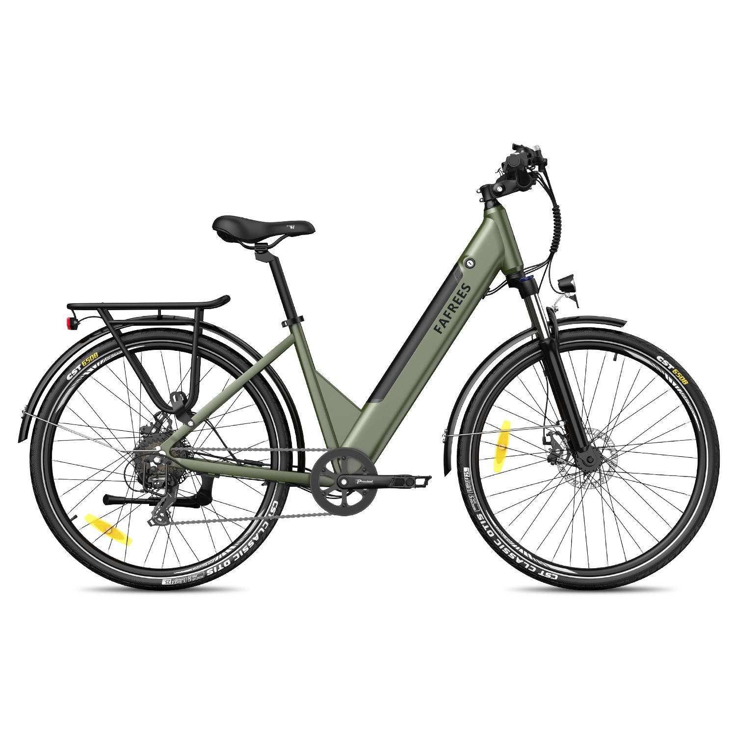 Vélo électrique vert avec porte-bagages, garde-boue et inscription FAFREES. Pneus et selle noirs.