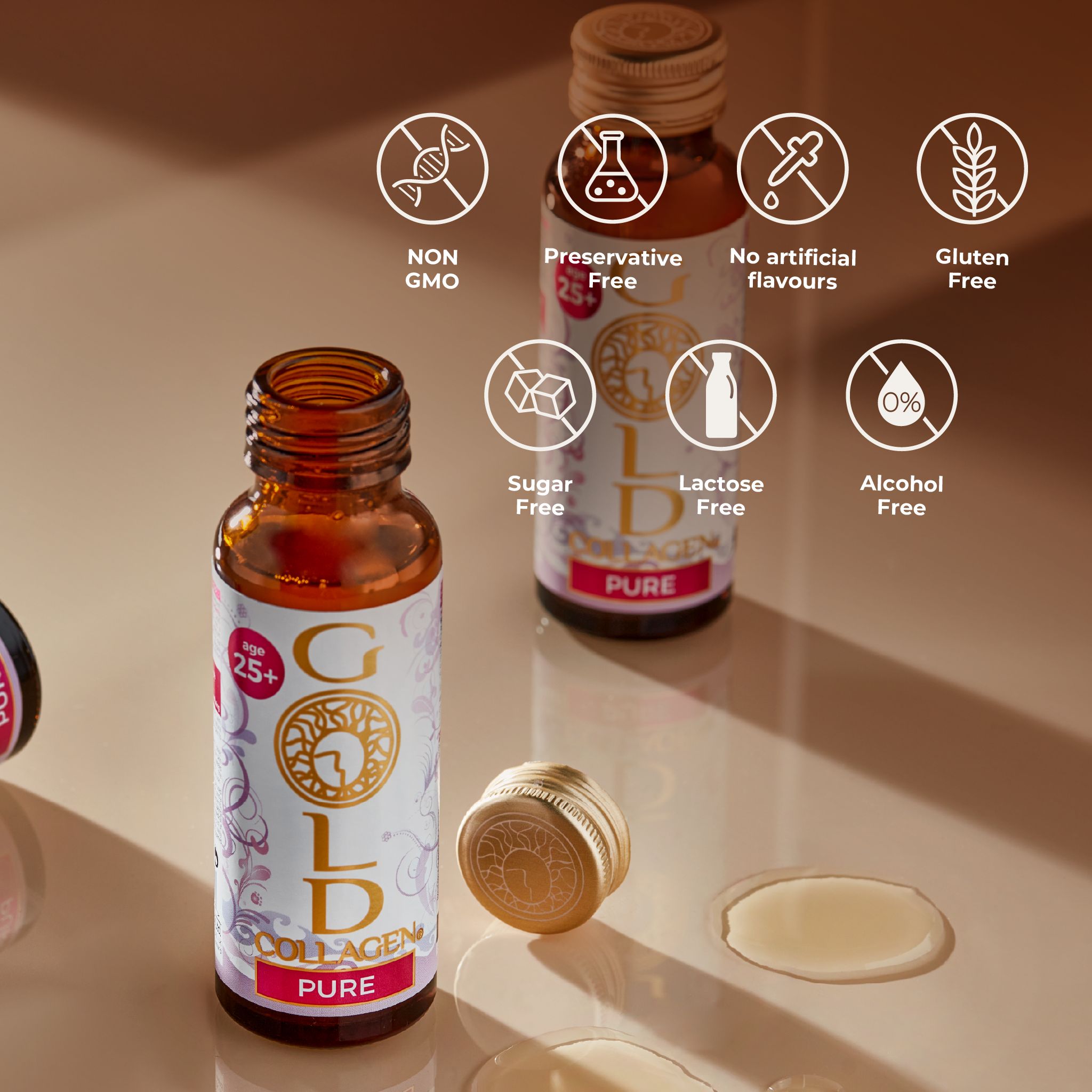 Gold Collagen Pure flesjes met iconen voor 'Non GMO', 'Preservative Free', 'Gluten Free'.