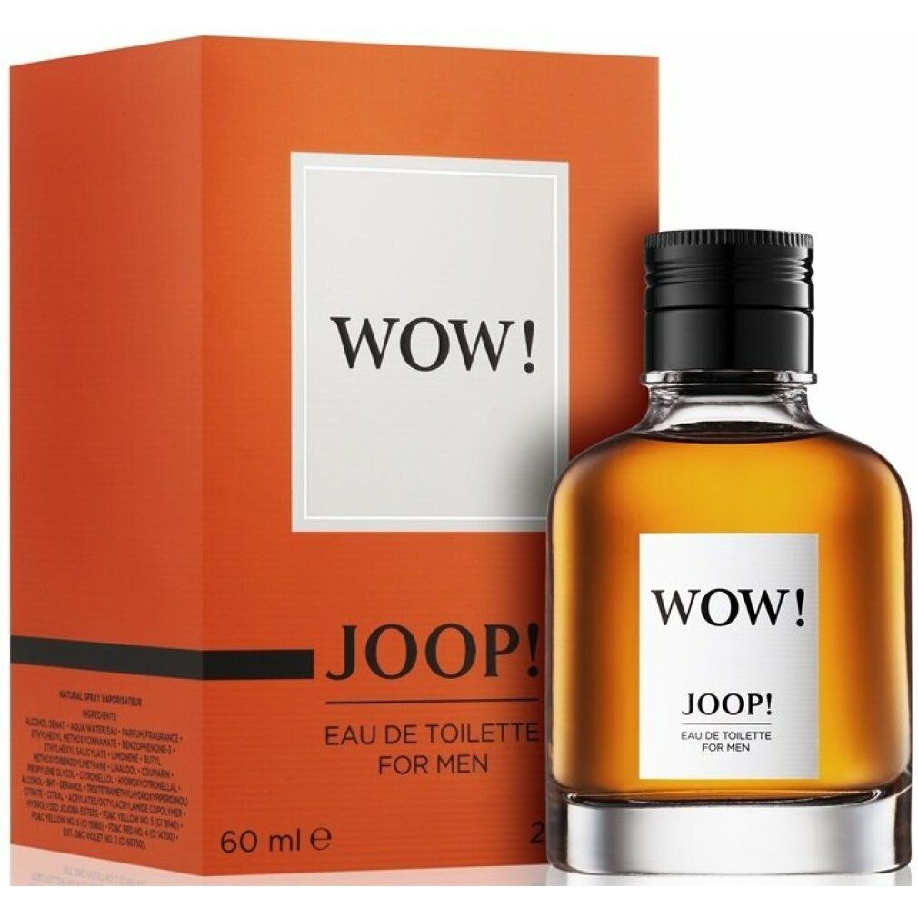 Flacon Joop! Wow EdT et emballage. Flacon avec bouchon noir, emballage orange avec texte blanc.
