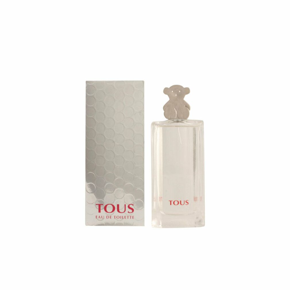 Flacon de parfum et boîte. Flacon avec bouchon ours. Inscription : Tous Eau de Toilette. Boîte argentée à motif nid d'abeille.