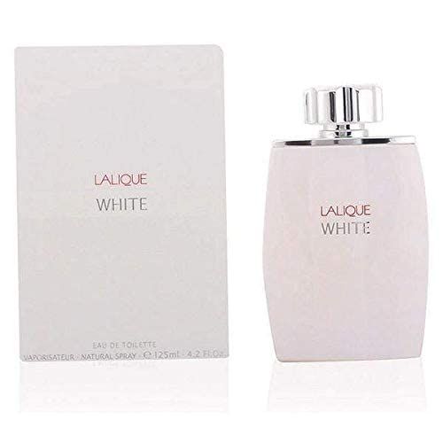 Flacon et boîte blancs. Inscription: Lalique White. Flacon avec bouchon argenté. Boîte à côté.