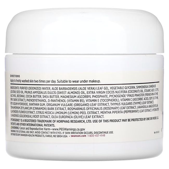 Dos du pot de crème. Contient du texte avec ingrédients et instructions d'utilisation. Avertissements et coordonnées.