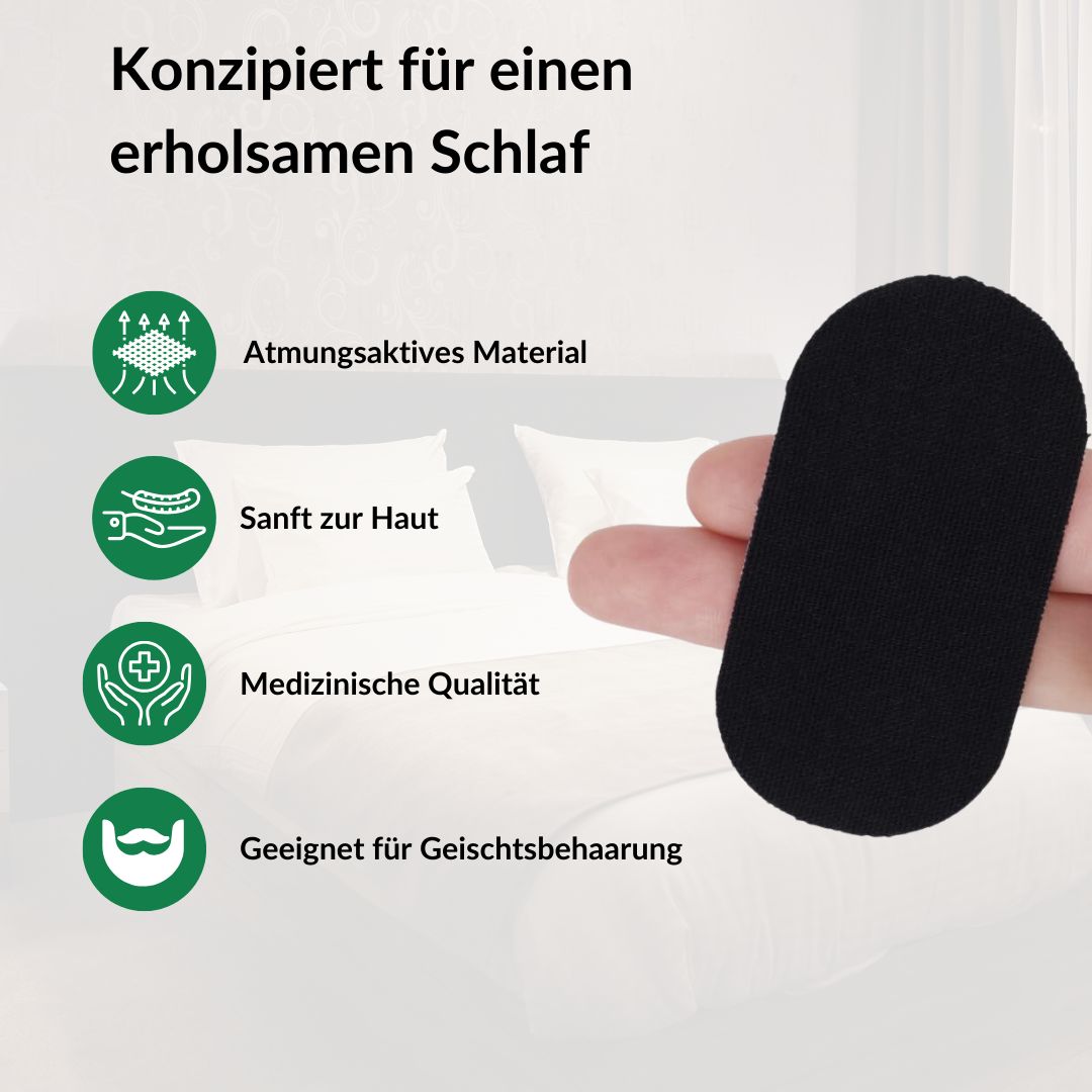 Hand houdt zwarte mondpleister vast. Tekst: Ontworpen voor een goede nachtrust. Symbolen: ademend materiaal, zacht voor de huid, medische kwaliteit, geschikt voor gezichtsbeharing.
