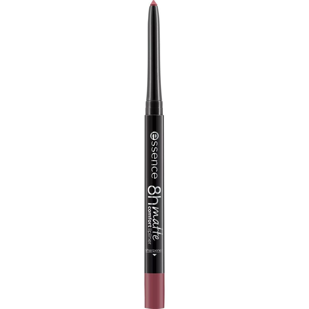 Zwarte lippenpotlood. Opschrift: Essence 8h matte comfort liner. Roze punt en onderkant.