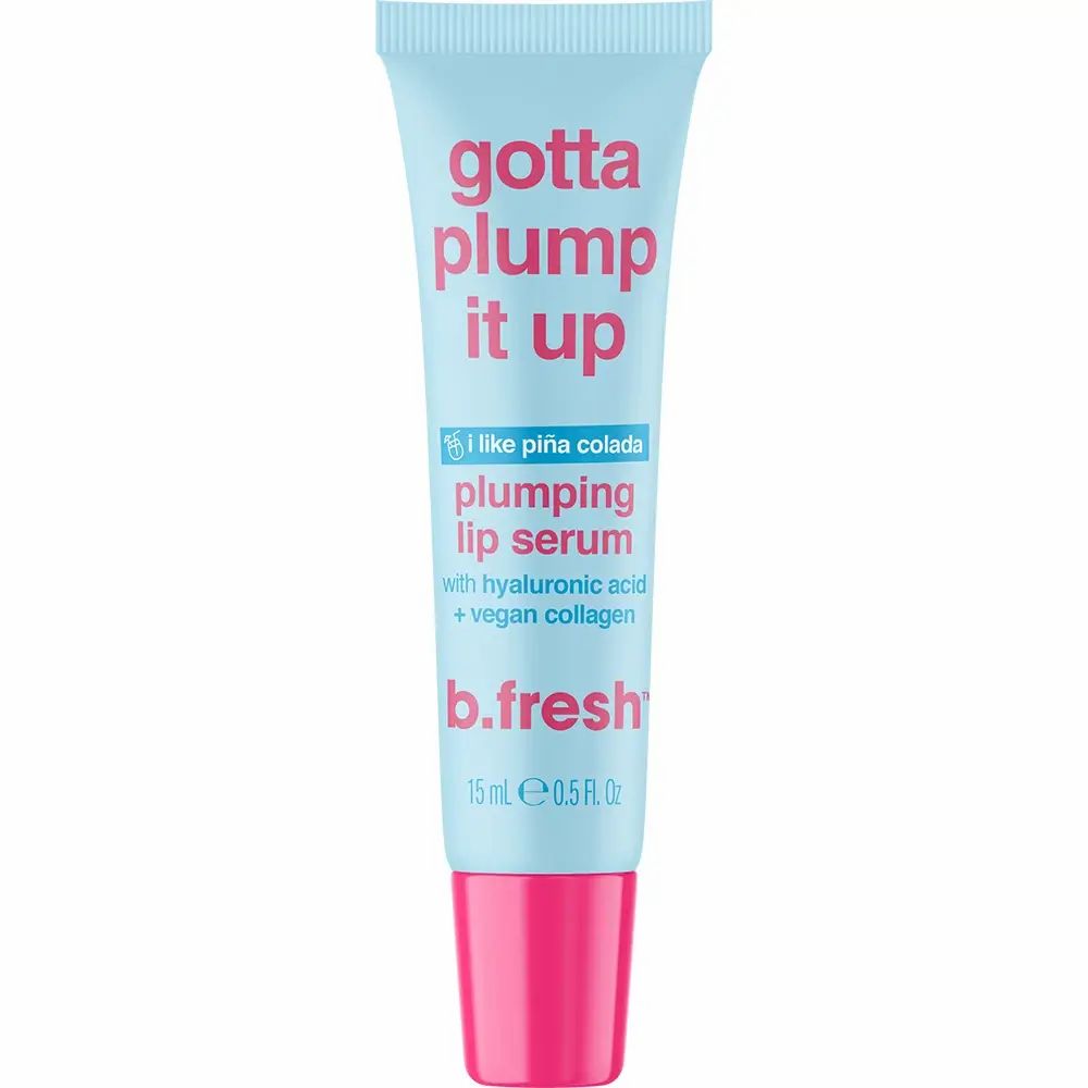 Lichtblauwe en roze tube met "gotta plump it up" en "plumping lip serum". Merk: b.fresh. 15 ml.