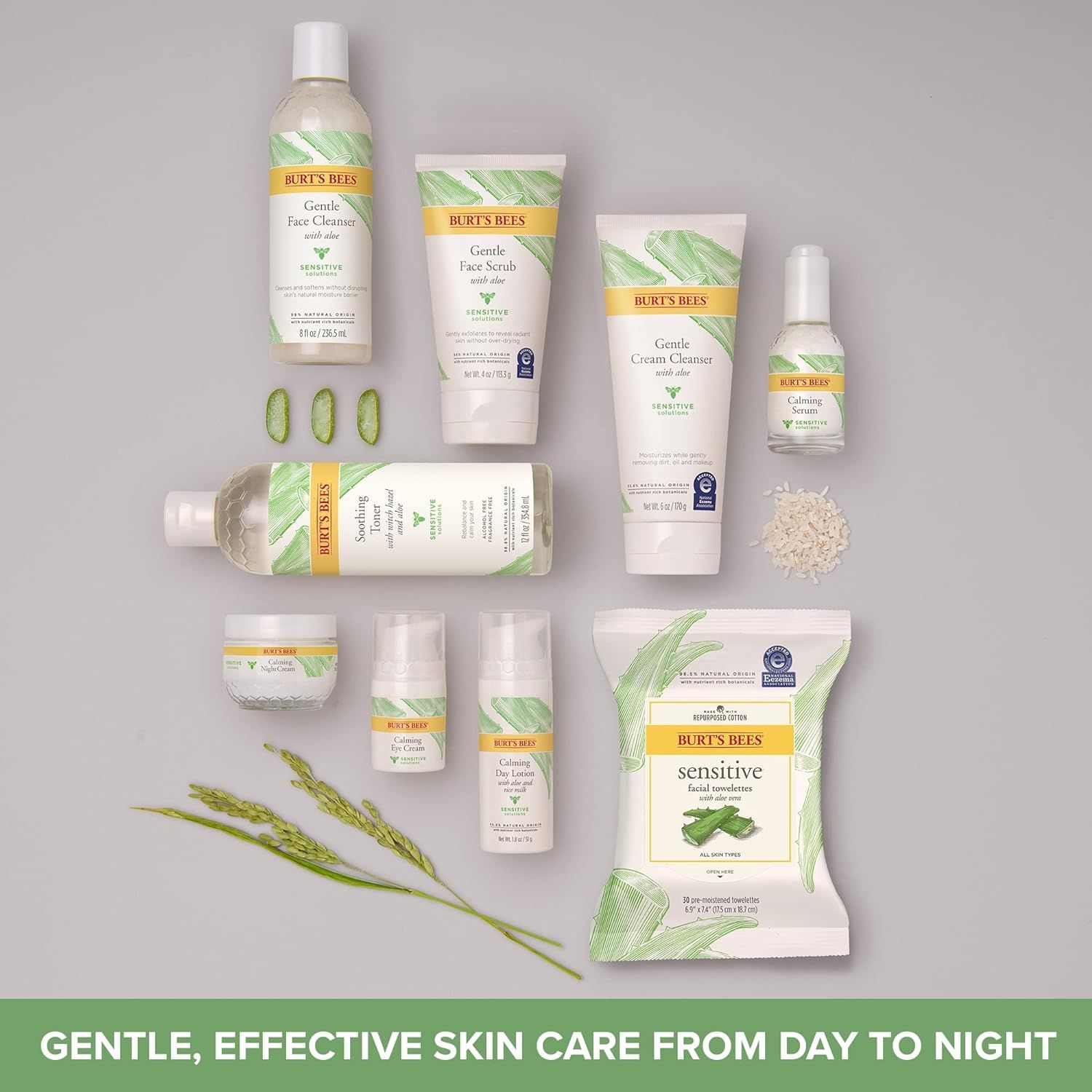 Diverse Burt's Bees producten: reiniger, scrub, crème, serum, doekjes. Op lichte achtergrond.