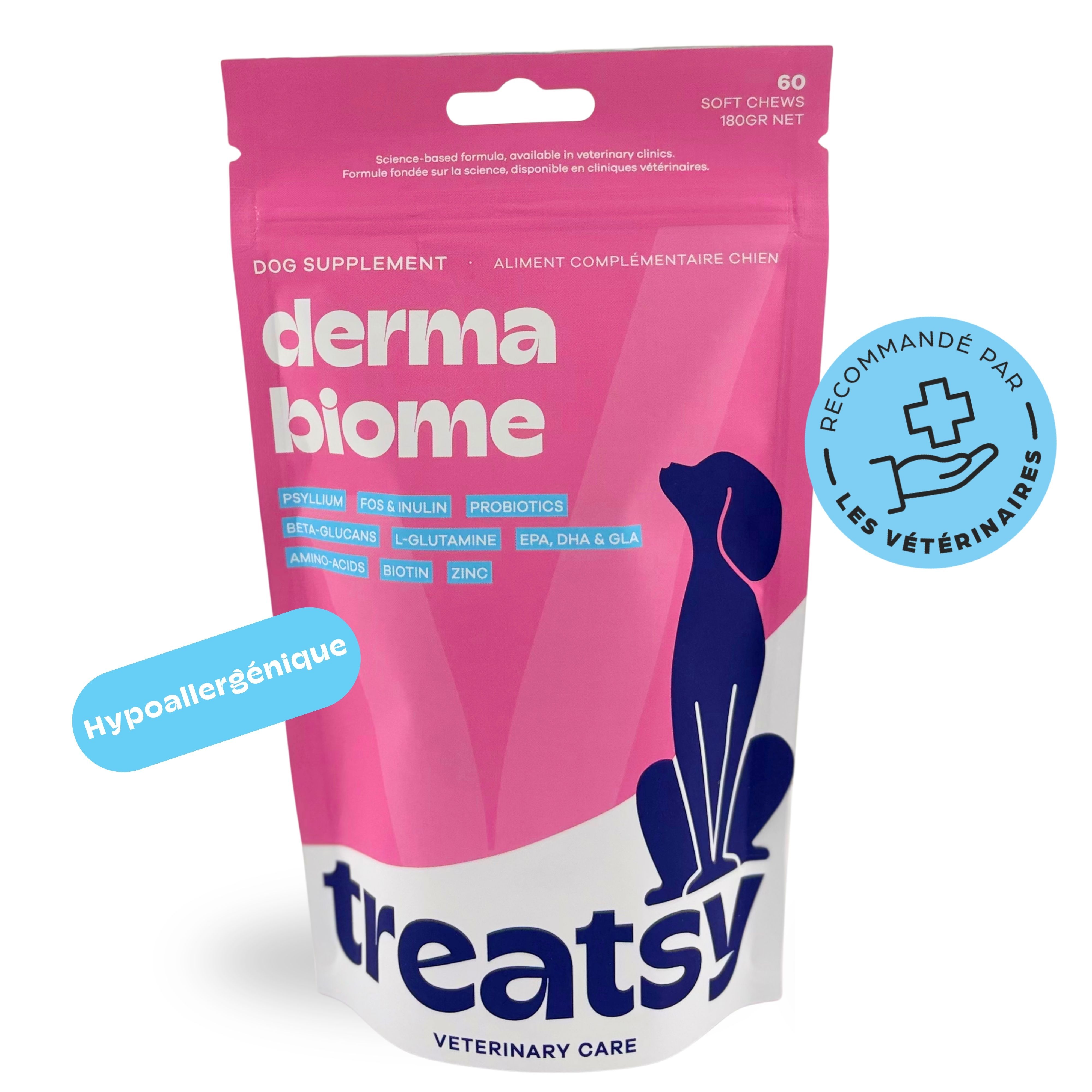 Sachet rose « derma biome » et « Treatsy ». Avec autocollant « Recommandé par les vétérinaires ».
