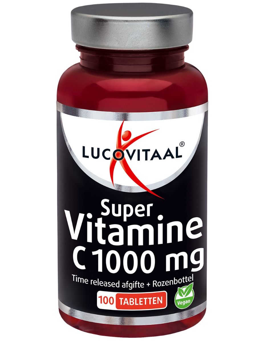 Flacon rouge avec étiquette blanche. Inscription : Lucovitaal Super Vitamine C 1000 mg. 100 comprimés. Vegan.
