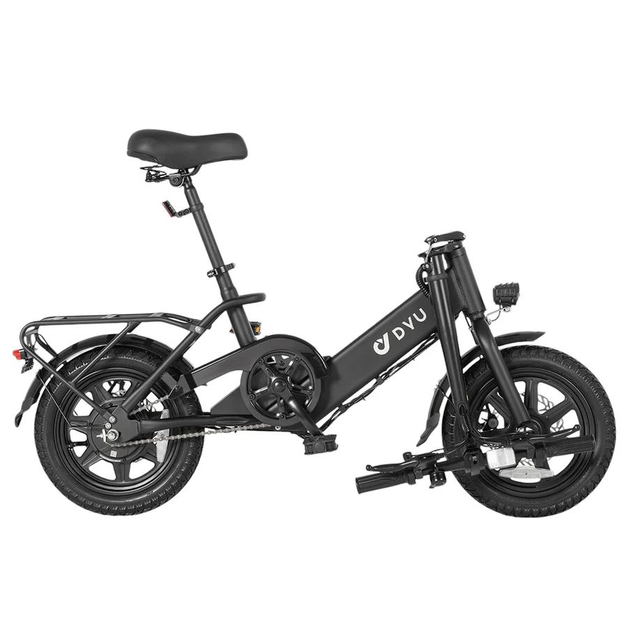 Vélo électrique DYU C3 noir, vue latérale. Cadre pliable, porte-bagages, phare, selle. Logo DYU.