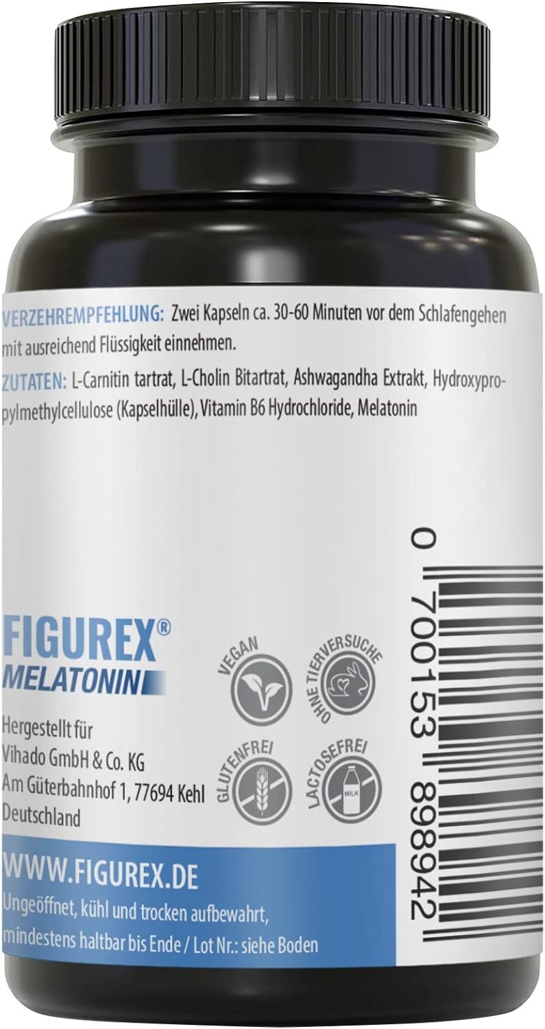 Flacon noir avec étiquette blanche. Inscription : FIGUREX Melatonin. Vegan, sans gluten, sans lactose. Informations de stockage et de durabilité.