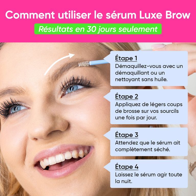 Instructions d'utilisation du sérum LUXE BROW : Nettoyer, appliquer, sécher, laisser agir. Une femme applique le sérum sur ses sourcils.