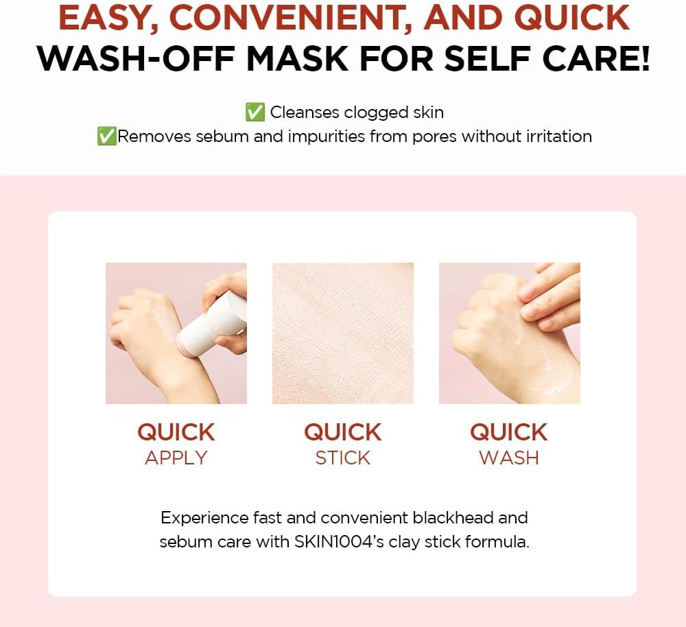 Drie afbeeldingen tonen de toepassing van de gezichtsmasker stick. Tekst: Quick Apply, Quick Stick, Quick Wash.