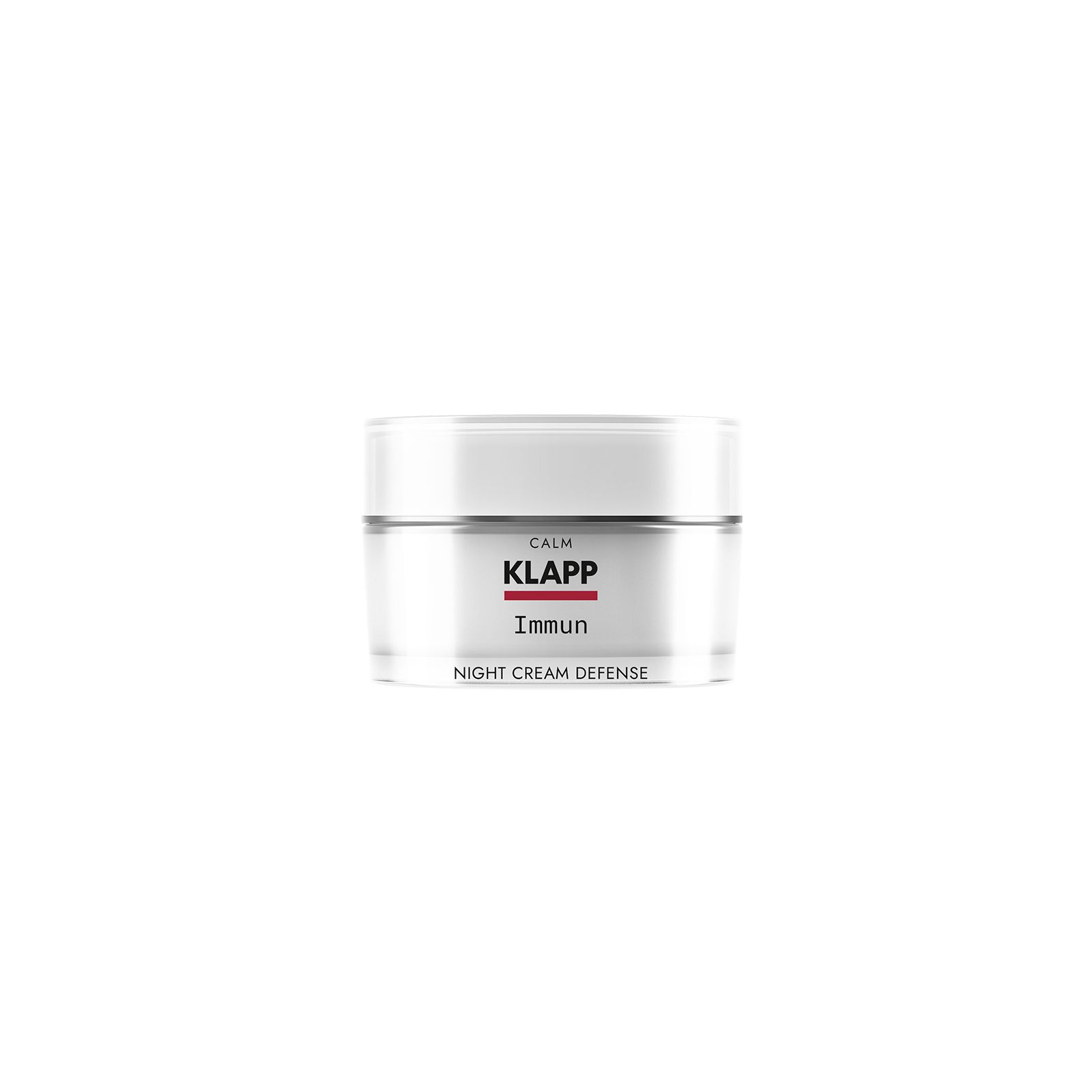 Klapp Immun Night Cream Defense. Witte crème in een glazen pot met zilveren deksel. Productnaam en merk duidelijk zichtbaar.