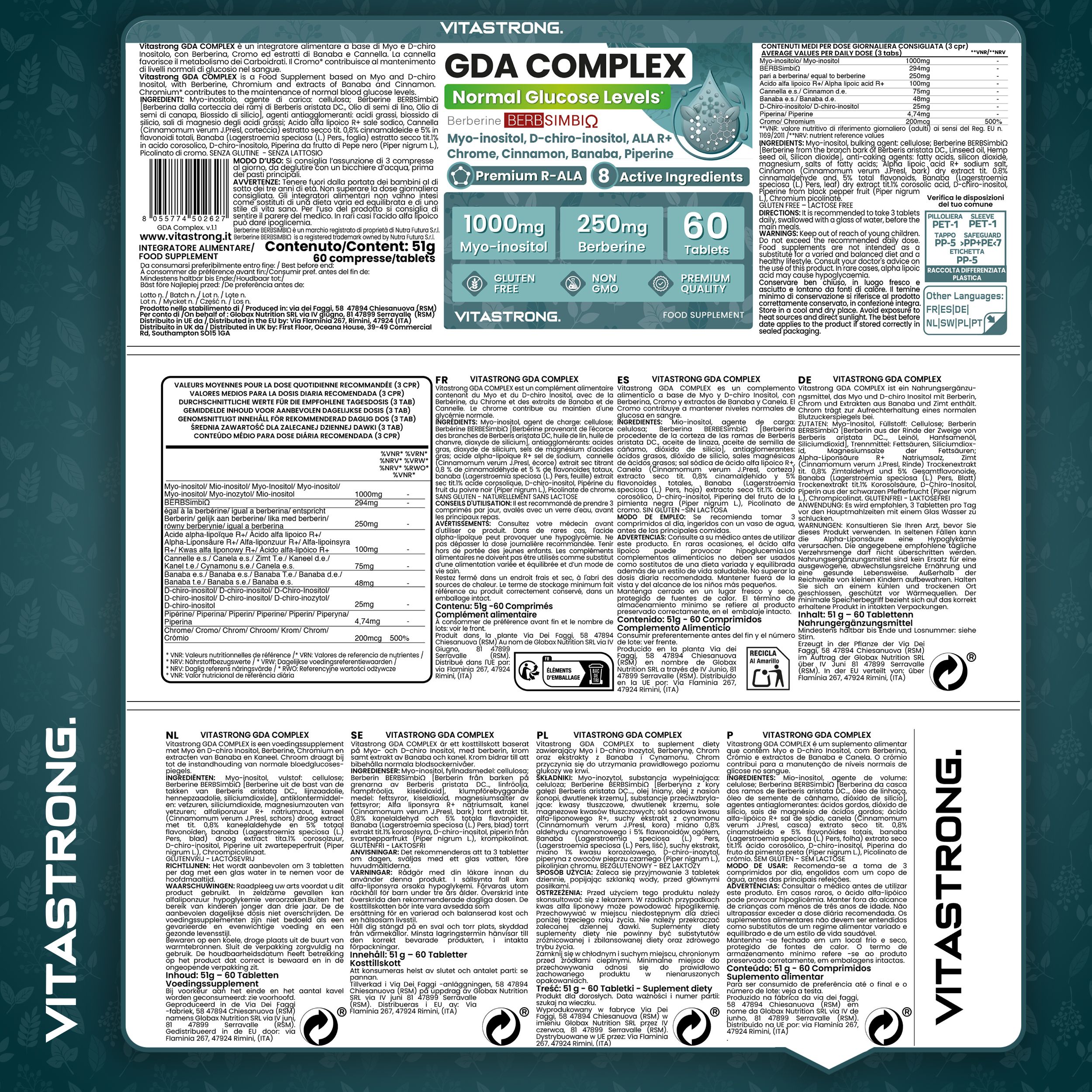 Vitastrong GDA Complex, 60 comprimés. Emballage. Texte: Myo-Inositol, Berbérine, 60 comprimés, sans gluten, sans OGM.