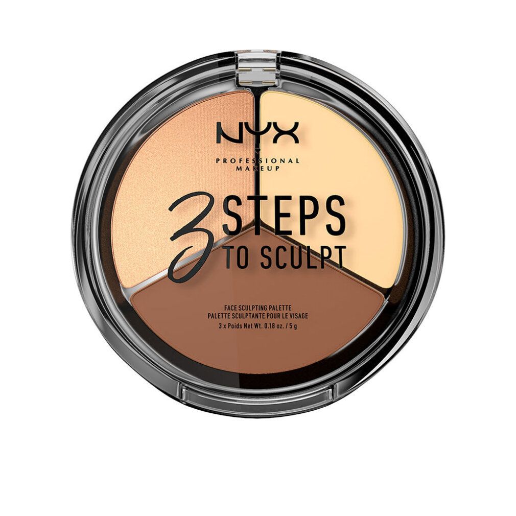 Ronde cosmetische palette met drie tinten. Zwarte houder met transparante deksel. "3 STEPS TO SCULPT" staat op de deksel.