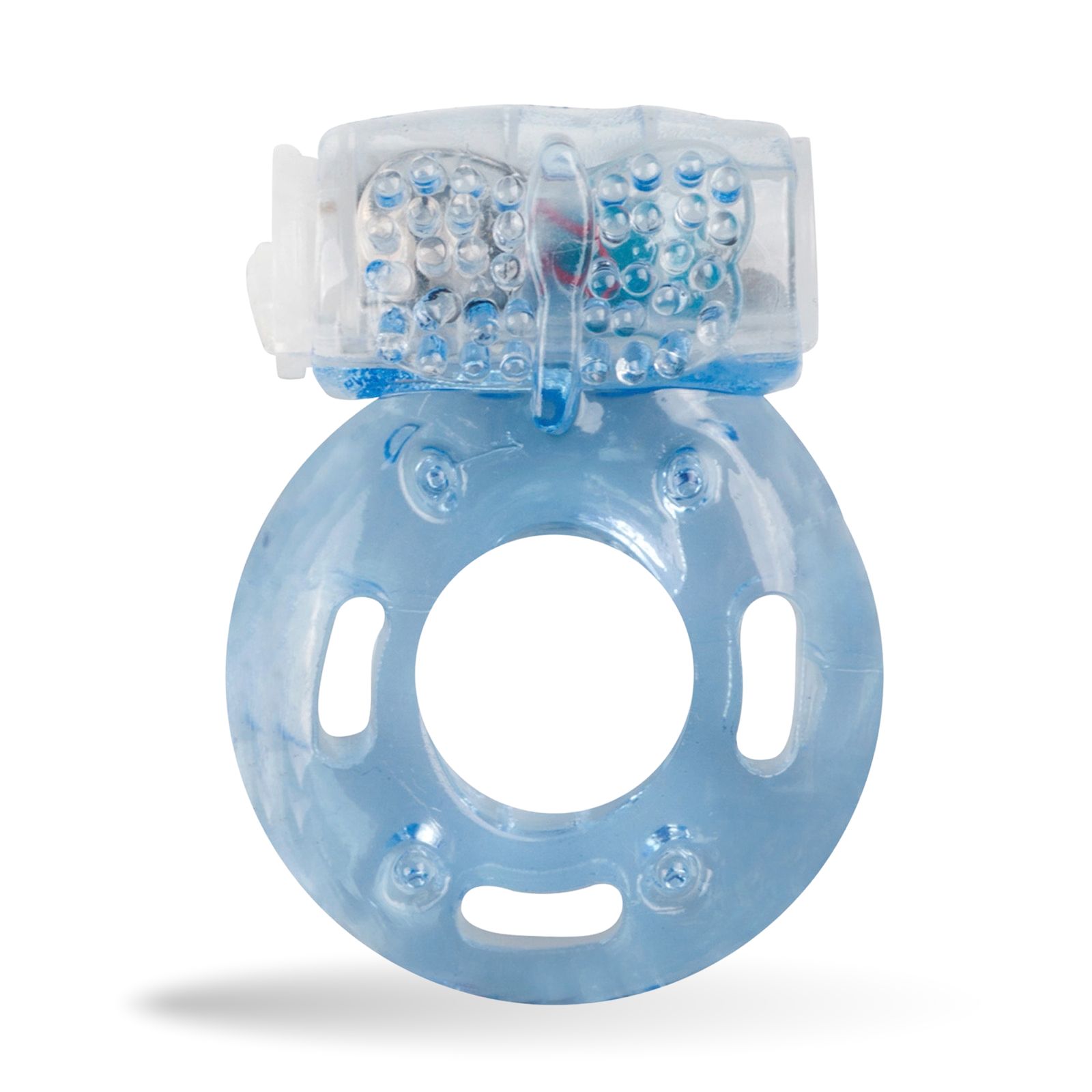 Blauwe penisring met vibrerend element. Ring en stimulator van transparant materiaal.