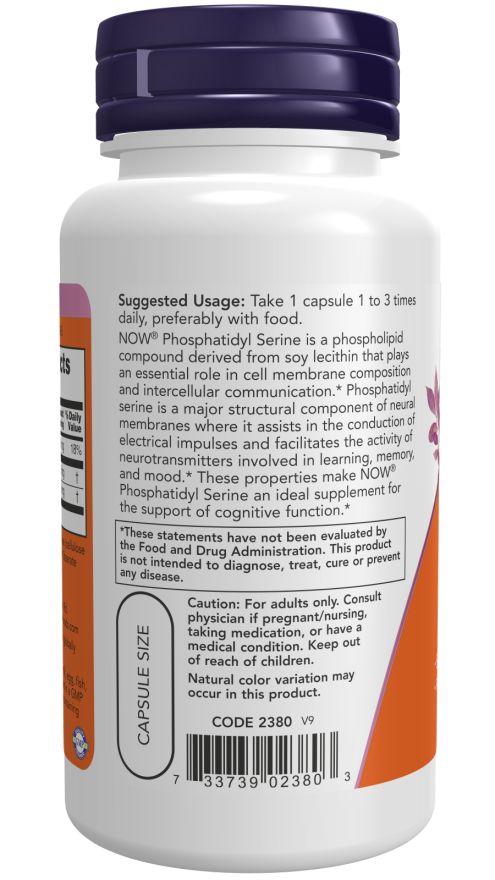 Dos du flacon. Texte: NOW Phosphatidyl Serine. Posologie recommandée. Avertissements. Code 2380 V9.