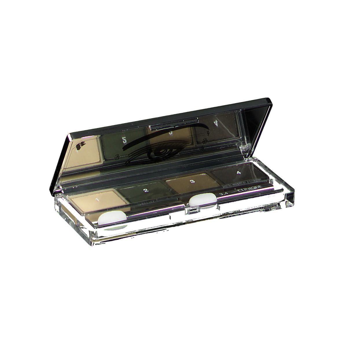 Palette de fards à paupières à quatre couleurs avec miroir. Boîtier transparent avec couvercle noir. Inscription : CLINIQUE.