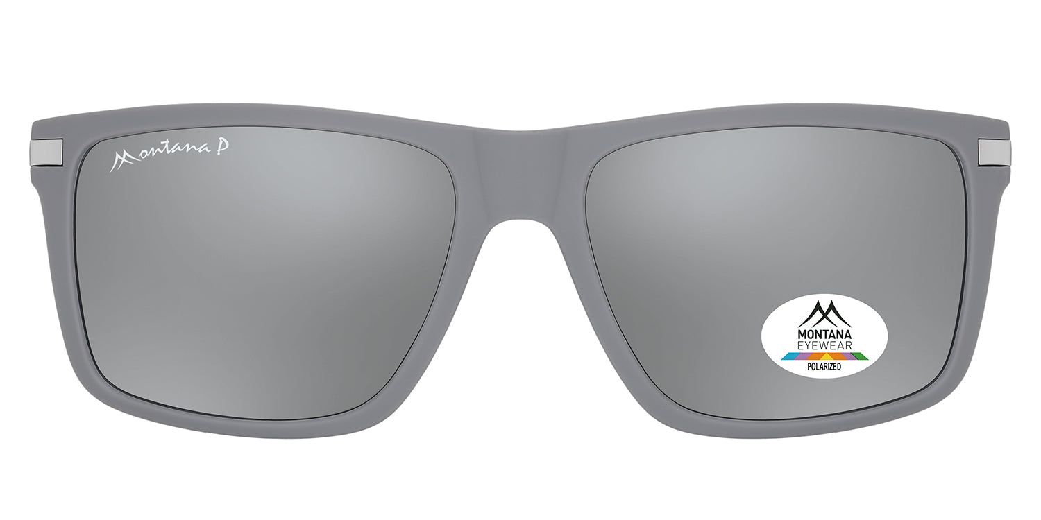 Lunettes de soleil grises à verres rectangulaires. Logo Montana Eyewear sur la branche et le verre. Verres polarisés.