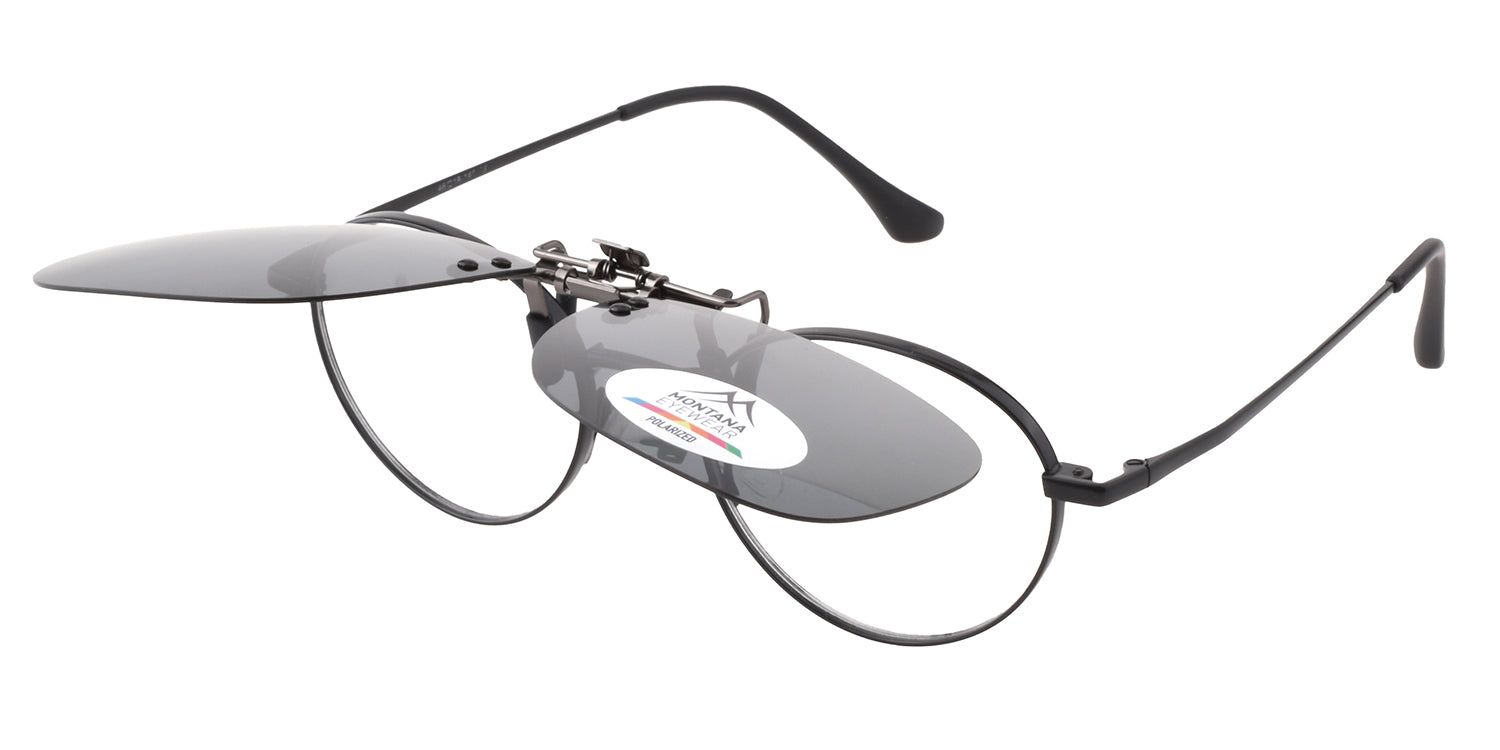 Lunettes de soleil clip-on Montana Eyewear Mauritius. Verres ronds gris. Monture noire. Logo.