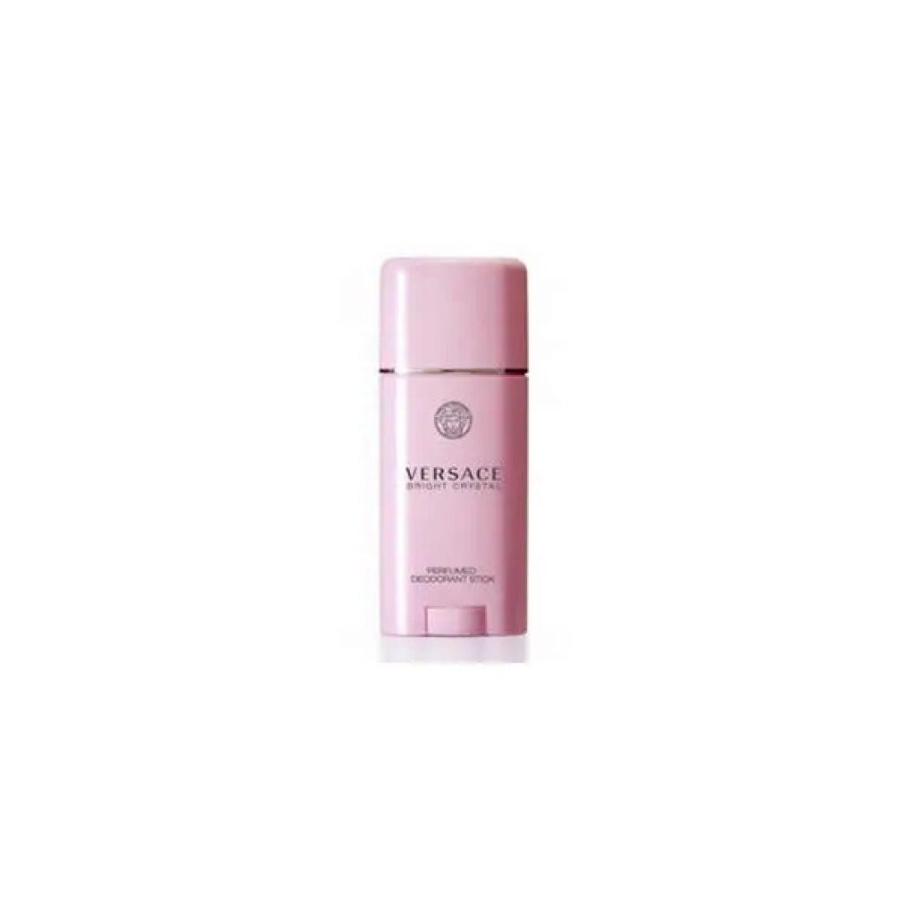 Roze deodorantstick. "Versace Bright Crystal" en "Perfumed Deodorant Stick" gedrukt. Zilveren ring en Versace-logo.