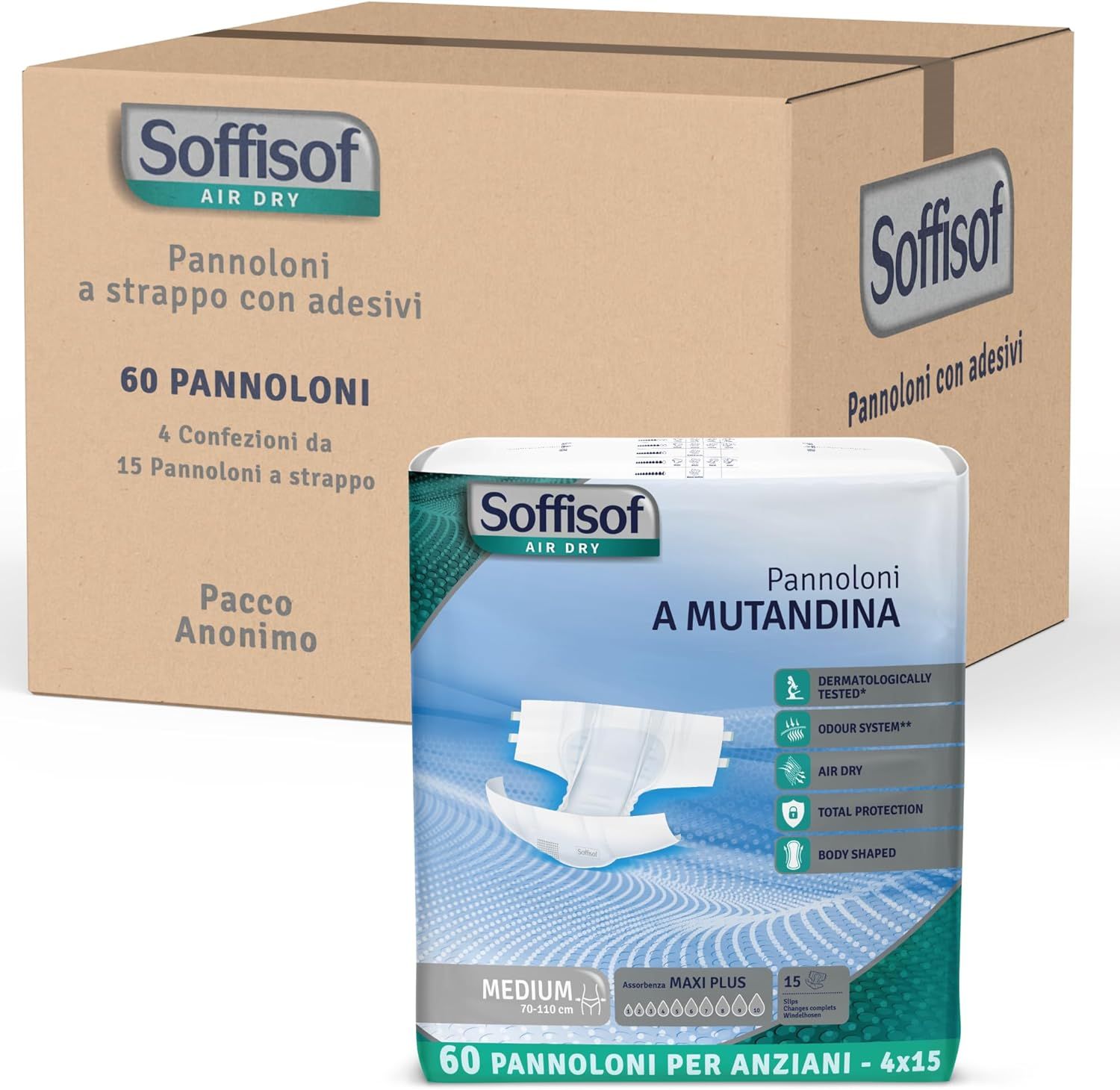 Soffisof Air Dry luiers. Doos met verpakkingen. 60 per verpakking. Pannoloni a strappo con adesivi.