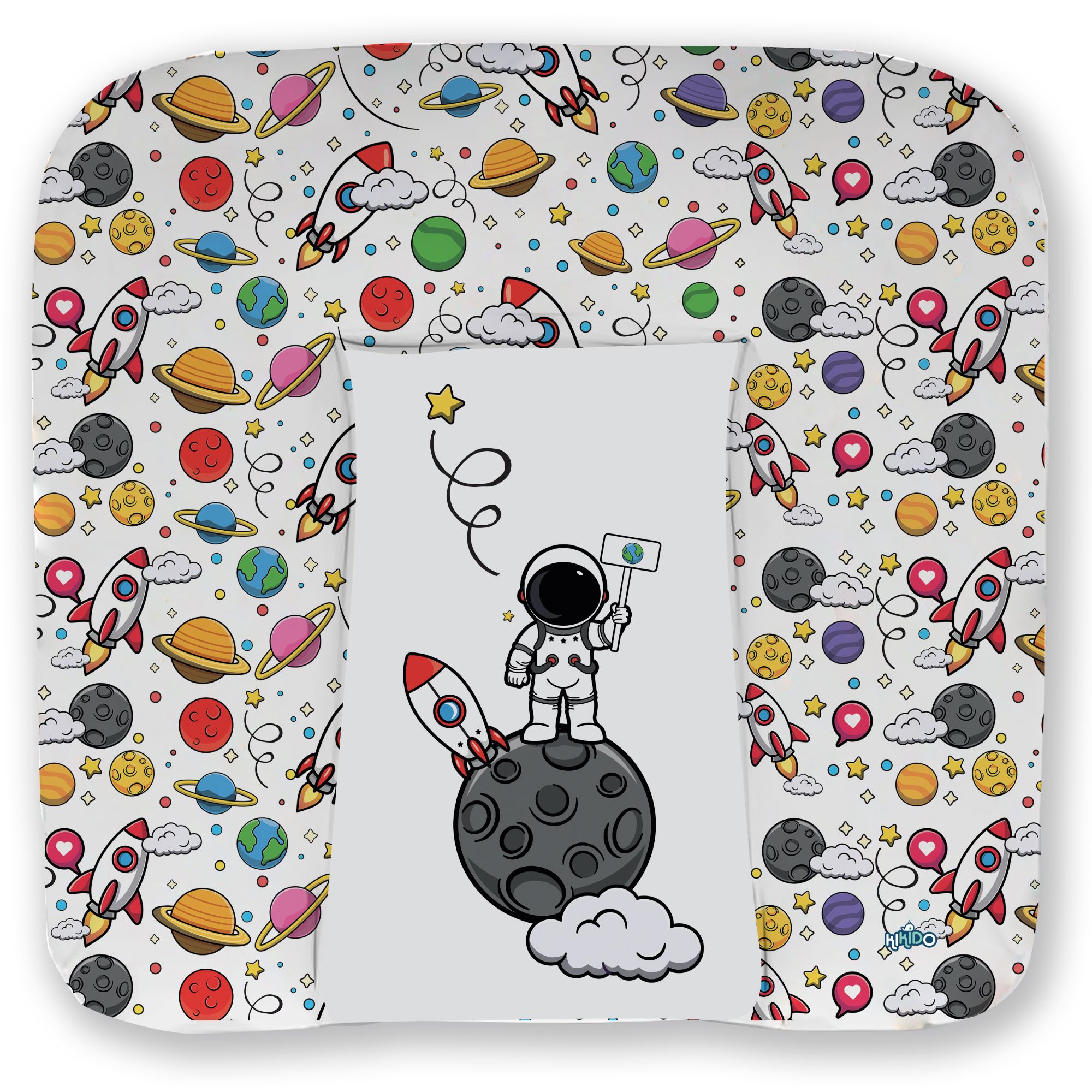Verschoonkussen met ruimtemotief. Astronaut op maan, raketten, planeten. Vierkante vorm.