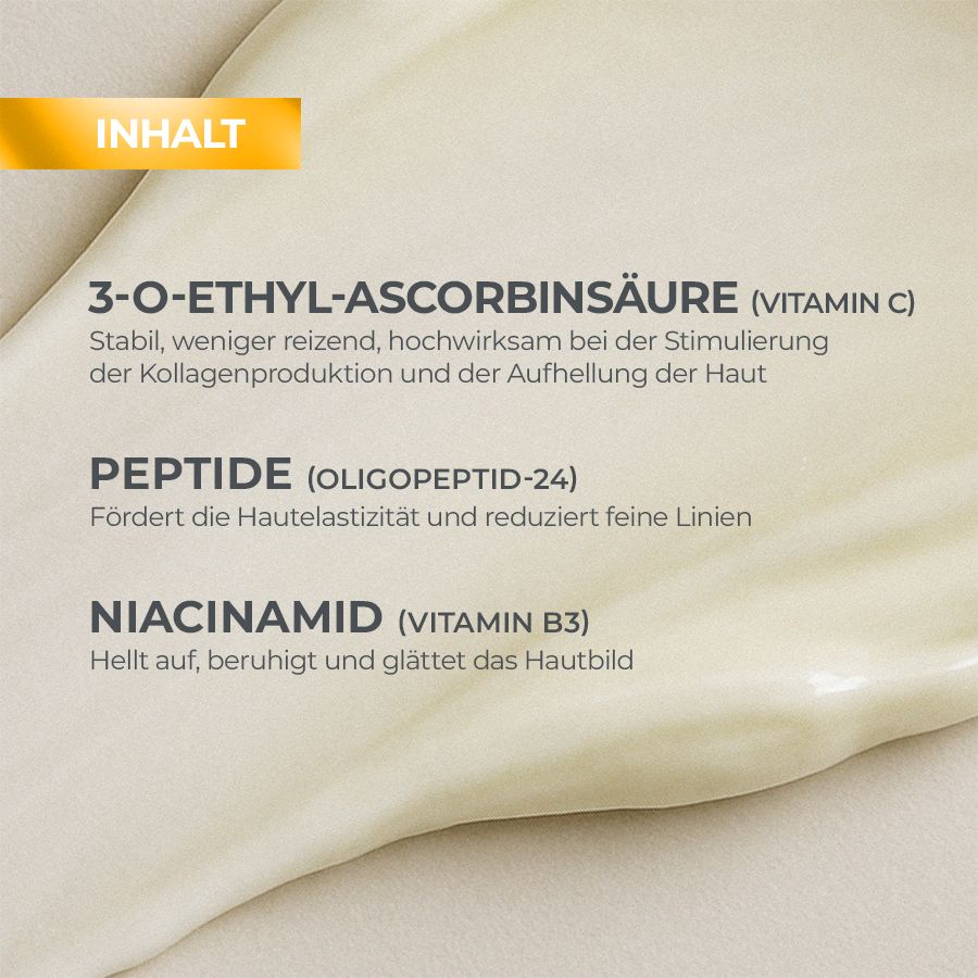 Graphique textuel avec les ingrédients du sérum Biotrade : 3-O-éthyl-ascorbique (Vitamine C), peptides, niacinamide (Vitamine B3).