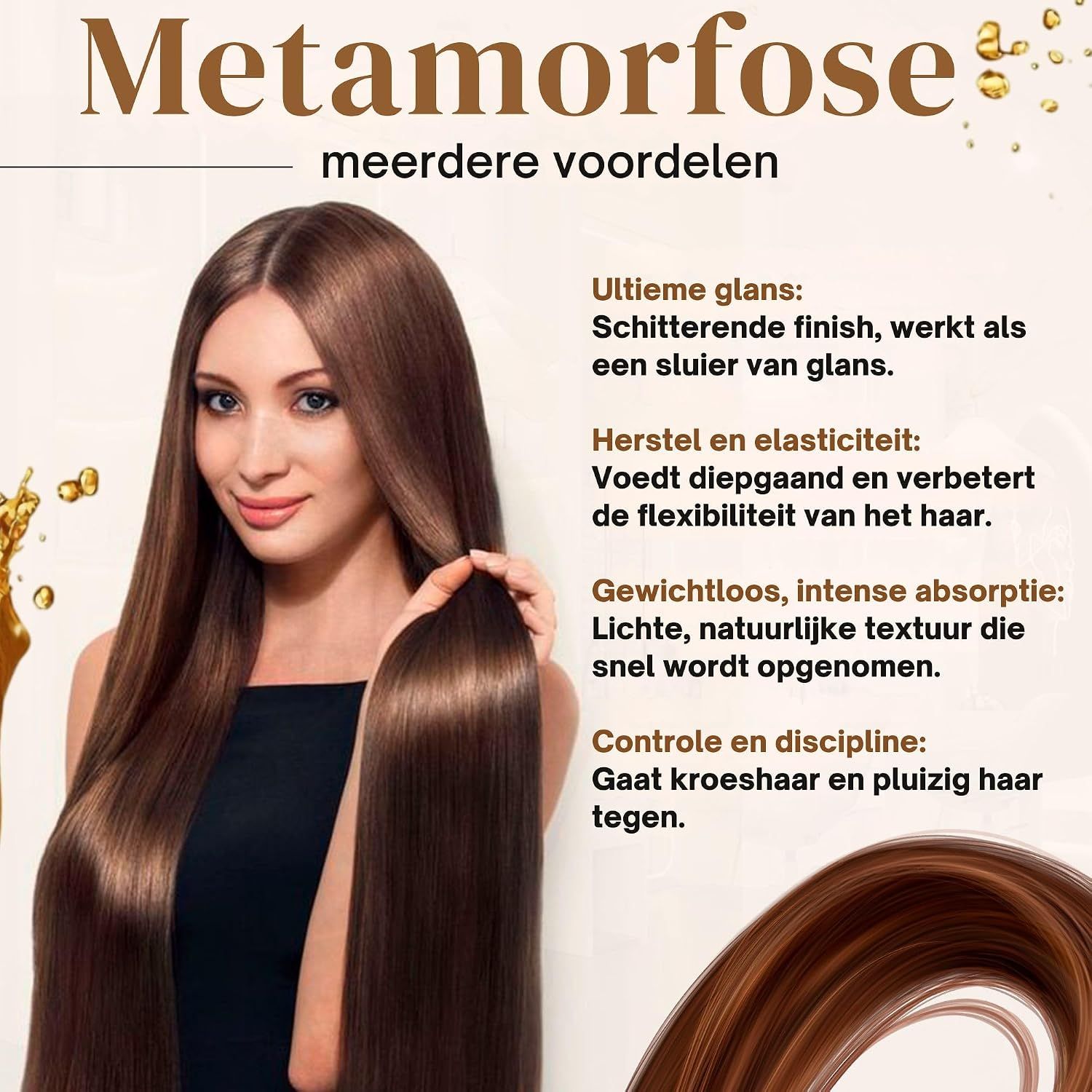 Vrouw met lang, glanzend haar, met tekst over voordelen van haarverzorging.