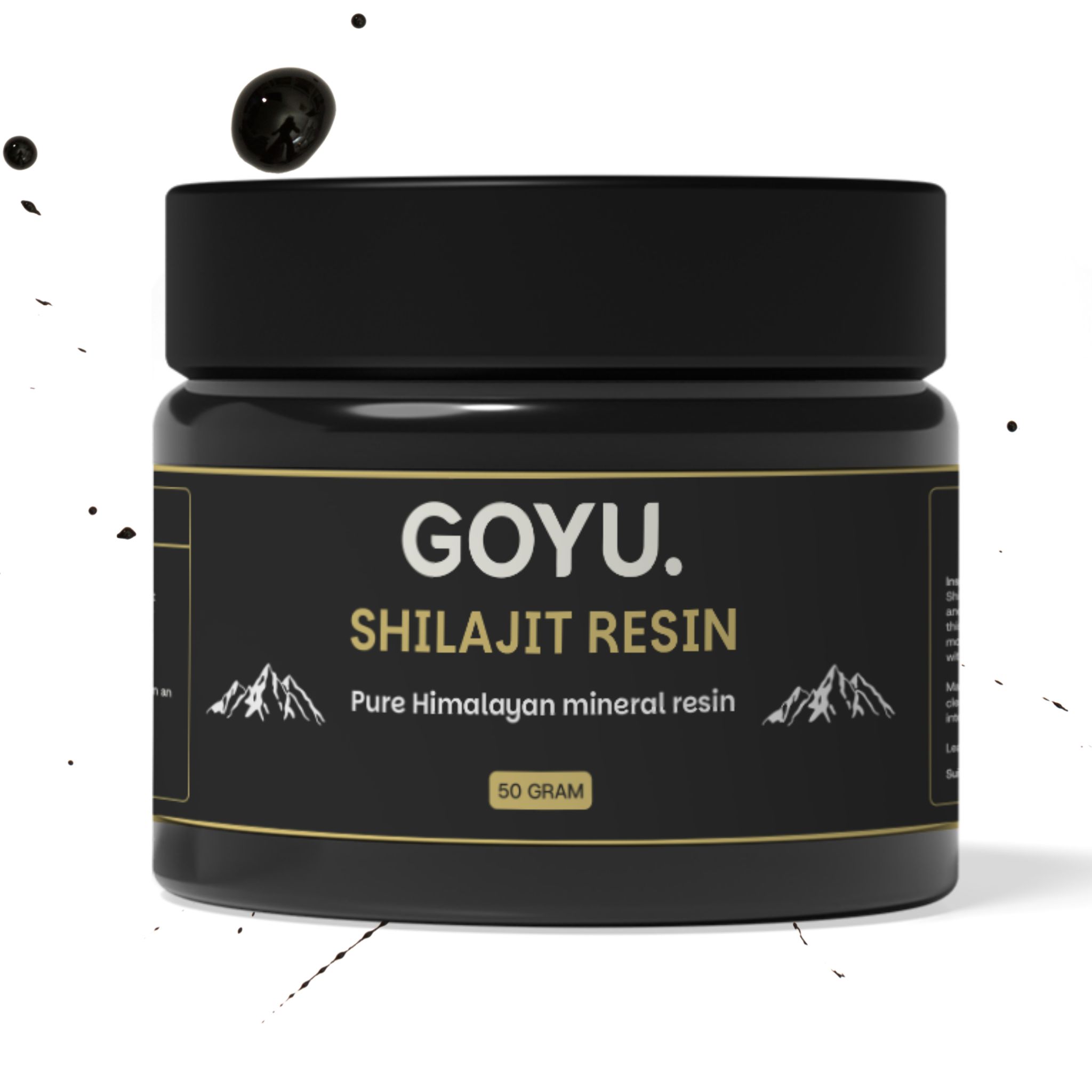 Zwarte pot GOYU. Shilajit Resin, 50g. Zwarte pasta. Spetters.
