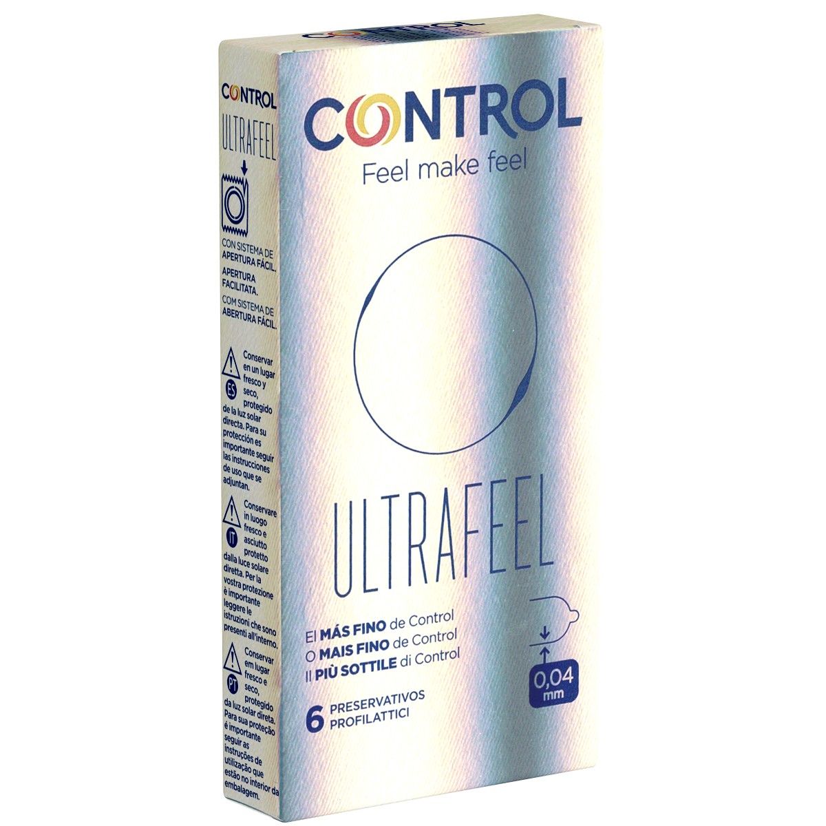 Verpakking met condooms CONTROL ULTRAFEEL. Bevat 6 stuks. Dikte 0,04 mm. Meertalige productinformatie.