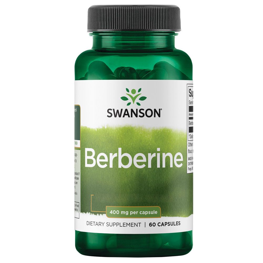 Groene fles Swanson Berberine capsules, 400 mg per capsule, 60 capsules.