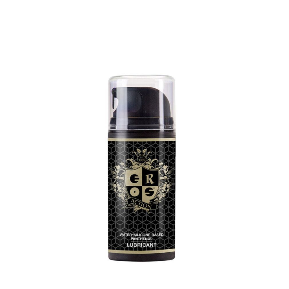 Lubrifiant EROS Action dans un flacon noir avec distributeur. Base eau-silicone avec panthénol.