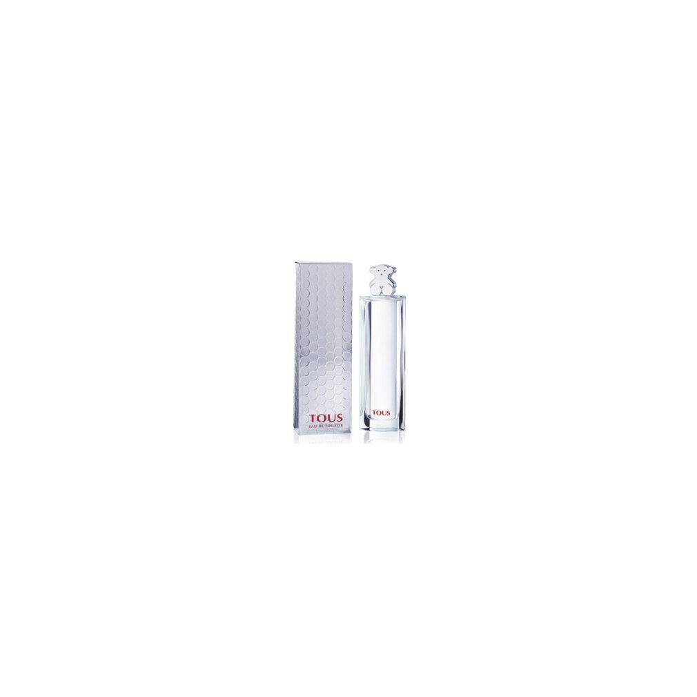 Flacon rectangulaire haut avec bouchon ours et boîte argentée. Inscription : Tous Eau de Toilette. Flacon et boîte côte à côte.